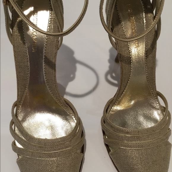 BCBG MAXAZRIA METALLIC GOLD LINEN STACKED HEELS 7 - Picture 13 of 13